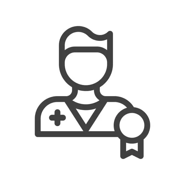 Vector illustration of Doctor with Badge, Healthcare and Medicine Line Vector Icon on White Background. Editable Stroke. Pixel Perfect. For Mobile and Web. Outline Vector Graphics.