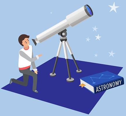 Astronomy science, male character watching on moon and stars at telescope, studying space, cosmos exploration, sputnik, scientific investigation, education. Person studying galaxy, zodiac signs