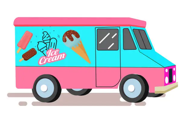 Vector illustration of Classic summer ice cream van. Ice cream van with big ice cream cone on a roof.