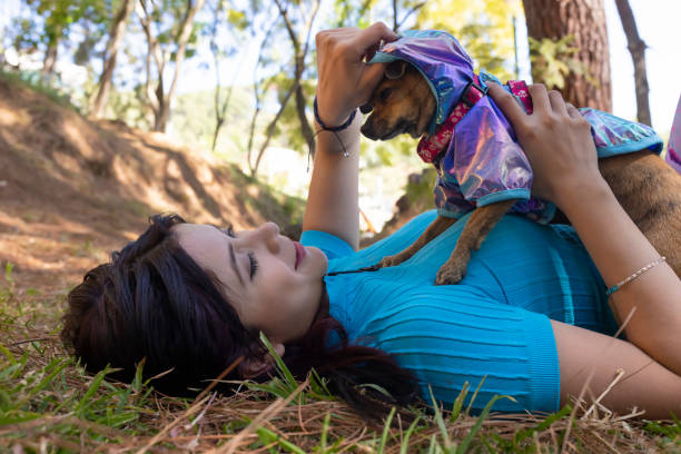 istock Young girl fitting her dog's hat 1461205856