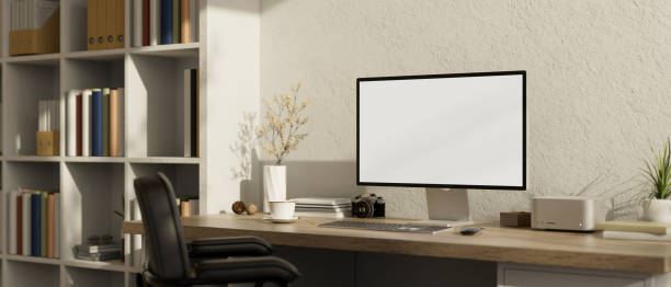 istock Minimal and comfortable home woking room interior design with computer mockup and decor 1461207203