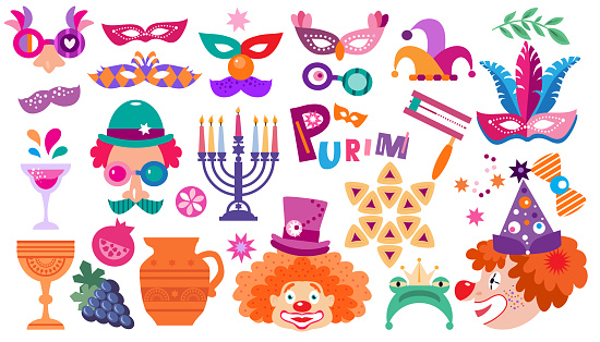 Purim - holiday  jewish carnival  Lettering in Hebrew  translition  Happy Purim celebration banner Carnival mask, Hamantashen, confetti, clown, garland,  firework  Vector festive illustration