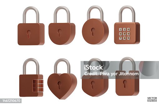 istock Set of 3D copper Padlock icons isolated on white background. Minimal lock icon. 3d vector illustration. 1461210670