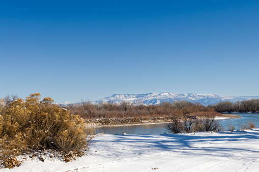 Taos, NM: Sunlit Rio Grande looking toward the old-fashioned Taos Junction Bridge, morning light. Copy space available.