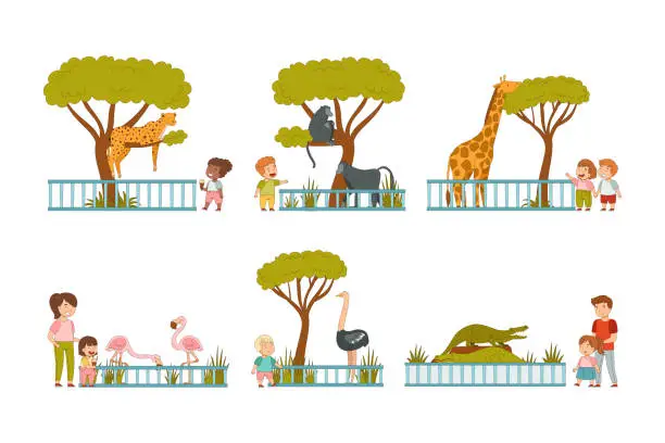 Vector illustration of Cute parents and kids visiting zoo set. People looking at leopard, orangutan, giraffe, flamingo, ostrich, crocodile wild animals vector illustration