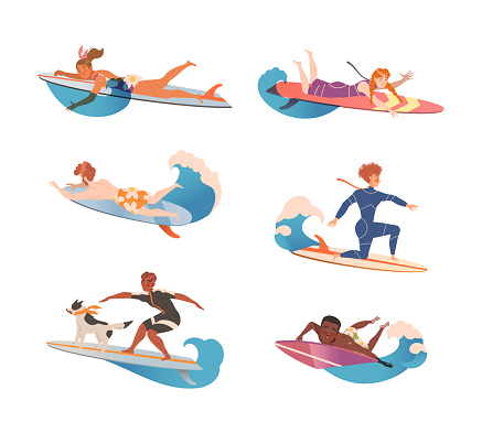 Happy surfers in beachwear riding surfboards set. Summer outdoor activities at beach vector illustration isolated on white