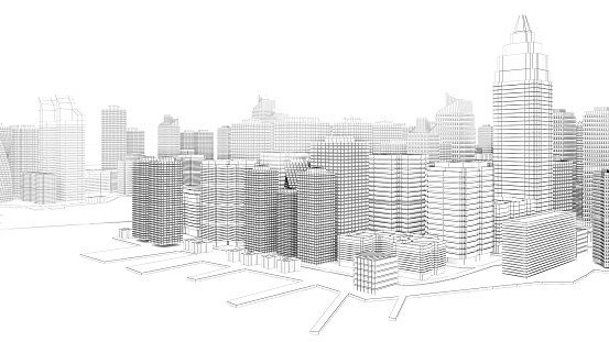 Wireframe Cityscape,Low-polygon cities and buildings,In the city's business district, a tall structure There are rivers and roads.,3d rendering