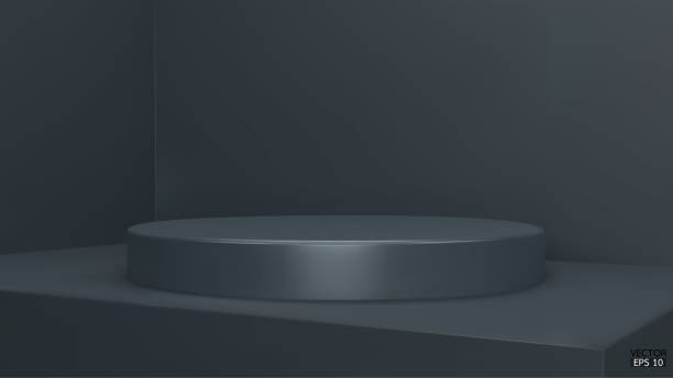istock Shiny dark blue round pedestal on studio backdrops. Blank display or clean room for showing product. Minimalist mockup for podium display or showcase. 3D vector illustration. 1461214122