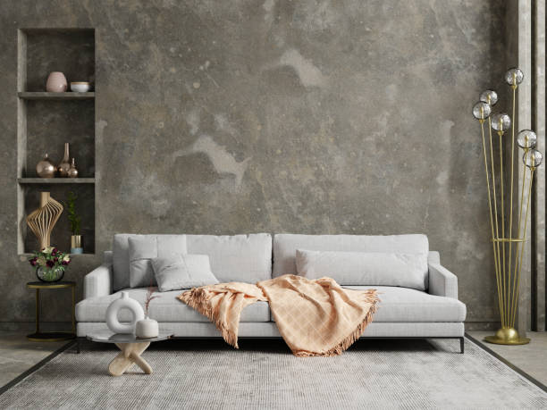 istock Style loft interior with gray sofa and decoration accessories on dark cement wall. 1461218114