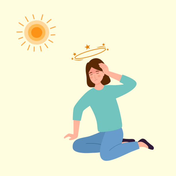 Woman suffering from heat and sweaty dehydration from strong sunlight in flat design. Hot climate in summer. vector art illustration