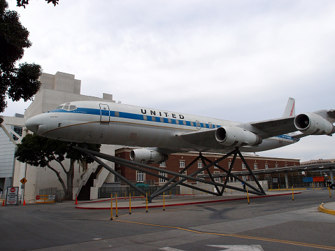 Los Angeles - January 21, 2014: United Douglas DC-8 jetliner on display outside at the California Science Center.