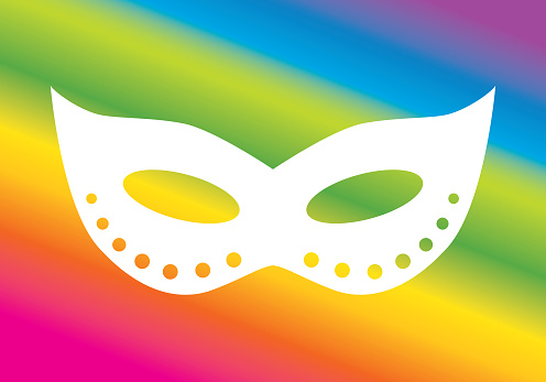 Vector illustration of a white masquerade mask on a rainbow striped background.