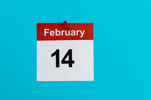 February 14 calendar on blue background.
