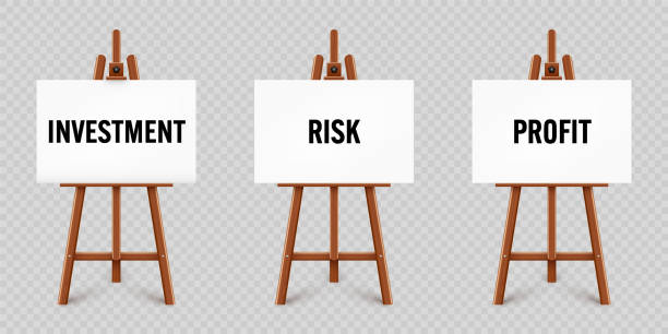 istock Realistic paint desk with text on white canvas. Wooden easel and a sheet of drawing paper. Presentation board on a tripod. Business investment, economics and finance. Vector illustration 1461222091