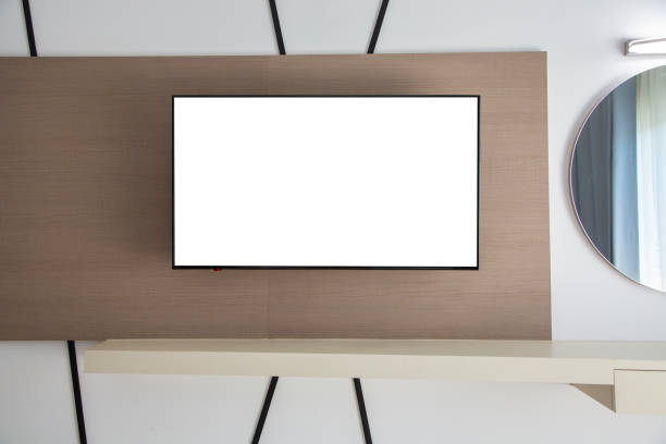 istock flat, isolated, display, indoor, lcd, smart, elegant, mock, movie, bright, decorative, copy space, nobody, empty, table, living room, minimal, wall, style, background, contemporary, home, room, television, living, floor, design, furniture, white, modern, 1461222202