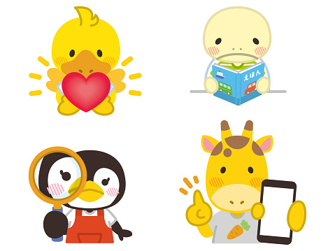 Heart and duck. A turtle reading a picture book. Magnifying glass and penguin. Giraffe with smartphone.