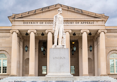 Statue of President Lincoln out front of the District of Columbia Court of Appeals in Washington DC, USA. The statue was unveiled in 1868.