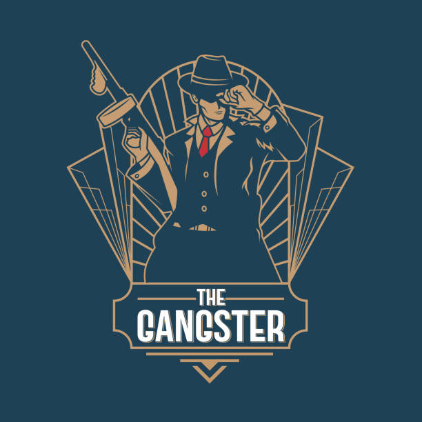 The Gangster insignia art deco style. available in vector format. a Mafia gangster holding his submachine gun and wearing hat.