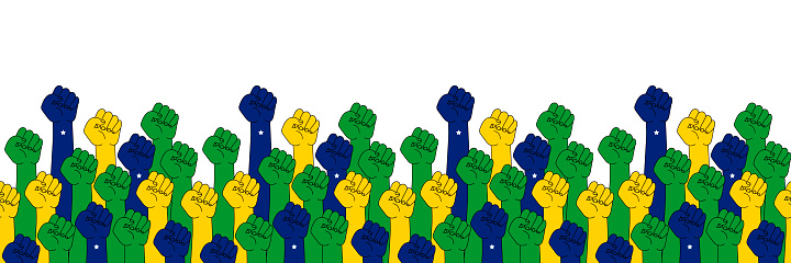 Protests in Brazil. elections in Вrazil. Vector illustration hands with Brazil flags on white background seamless pattern. Вrazil nation and culture. theme of patriotism. Independence Day in Brazil.