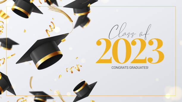 ilustraciones, imágenes clip art, dibujos animados e iconos de stock de banner de saludo para el diseño de graduación 2023 - graduation