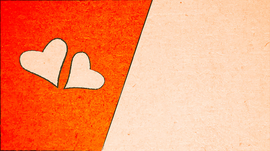 Two beige solid hearts with black outline over vibrant orange red gradient and pale beige coloured grunge textured background and empty or blank space all around. The background is split in two parts by a slanting line. Apt for love, valentine's day, Anniversary Greeting cards, gift wrapping paper sheets templates, backdrops, banners or posters with copy space for text.
