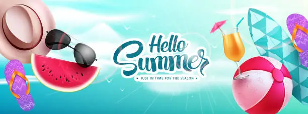 Vector illustration of Hello summer vector background. Hello summer text with colorful beach elements design for holiday vacation.