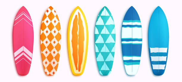 ilustraciones, imágenes clip art, dibujos animados e iconos de stock de conjunto vectorial de tablas de surf. elementos de verano de tabla de surf en diseño de patrón colorido aislado en fondo blanco. - tabla-de-surf
