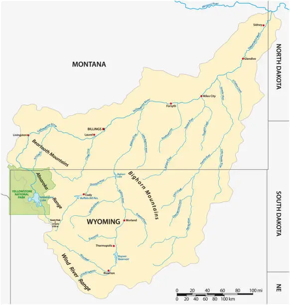 Vector illustration of Vector map of the Yellowstone Riverbasin in Montana and Wyoming, USA