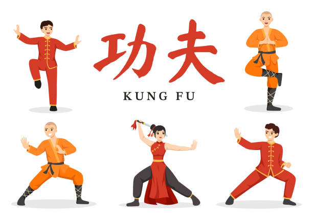 kung fu illustration mit menschen, die chinesische sportkampfkunst in flachen cartoons zeigen, die für webbanner- oder zielseitenvorlagen handgezeichnet wurden - shaolin stock-grafiken, -clipart, -cartoons und -symbole