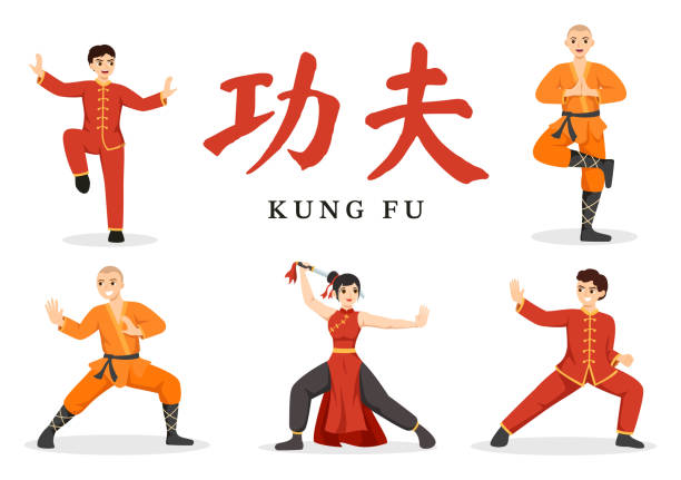 illustrazioni stock, clip art, cartoni animati e icone di tendenza di illustrazione di kung fu con persone che mostrano l'arte marziale sportiva cinese in cartoni animati piatti disegnati a mano per banner web o modelli di pagina di destinazione - kung fu