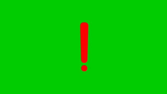Animated red symbol of exclamation mark. Radiance from rays around symbol. Concept of warning, attention, information. Looped video. Vector illustration isolated on a green background.