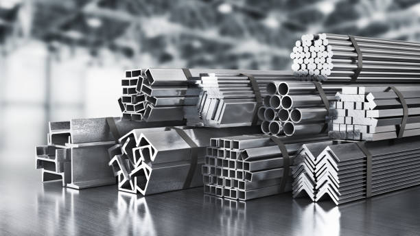 Stack of rolled metal on a metal background. 3d illustration stock photo