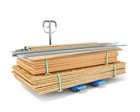 Piles of plywood, osb and gypsum boards, that are tied up with a ribbon, metal and wooden profiles are stacked together on a loader, isolated on white background, 3d illustration
