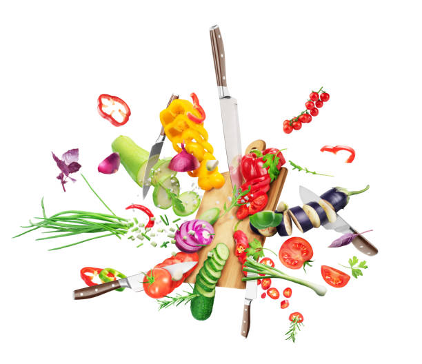 istock Vegetables fall on the board and cut with a knife isolated on white background 1461250486