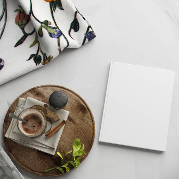 3d illustration of empty book cover on bed with breakfast