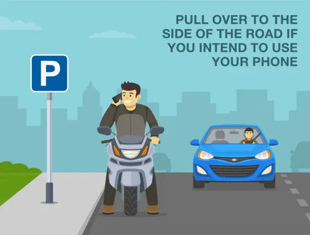 Vector illustration of Pull over to the side of the road if you intend to use mobile phone. Happy moto rider standing and talking on the phone. Front view.