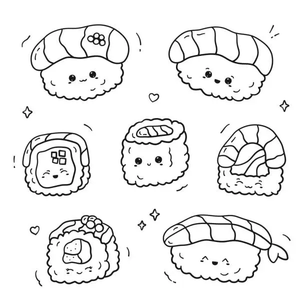 Vector illustration of Set of linear kawaii sushi and rolls.