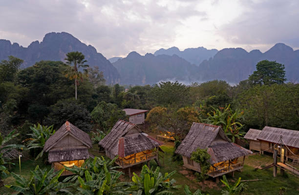 piccoli bungalow di legno nel giardino tropicale, vang vieng, laos - vang vieng foto e immagini stock