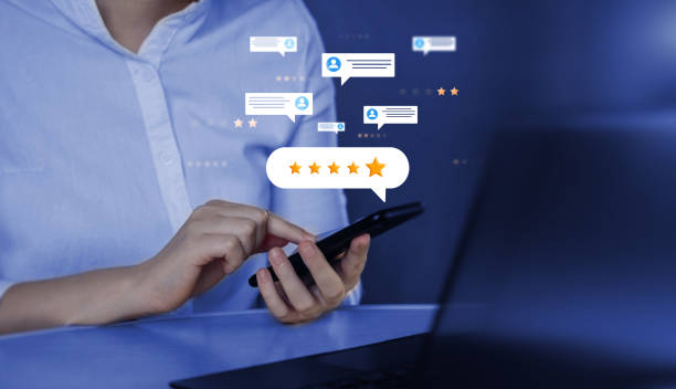 istock Five star rating feedback on virtual sreen. Customer review satisfaction feedback.Concept of satisfaction, quality and performance 1461259141