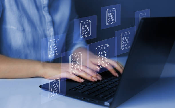 istock Business person working at laptop computer and digital documents with checkbox lists. Law regulation and compliance rules on virtual screen concept 1461259147