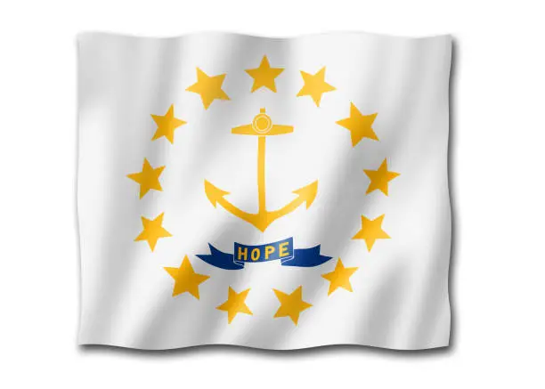 Rhode Island flag, united states waving banner collection. 3D illustration