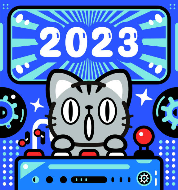 eine niedliche katze steuert ein raumschiff mit unbegrenzter macht und feiert die ankunft von 2023 - driving speed humor video game stock-grafiken, -clipart, -cartoons und -symbole