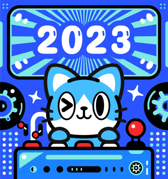 eine niedliche katze steuert ein raumschiff mit unbegrenzter macht und feiert die ankunft von 2023 - driving speed humor video game stock-grafiken, -clipart, -cartoons und -symbole