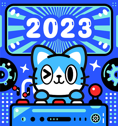 Cartoon Characters Design Vector Art Illustration. 
A cute cat is piloting an Unlimited Power Spaceship and celebrating the arrival of 2023.