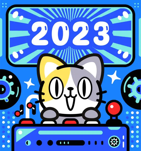 Vector illustration of A cute cat is piloting an Unlimited Power Spaceship and celebrating the arrival of 2023