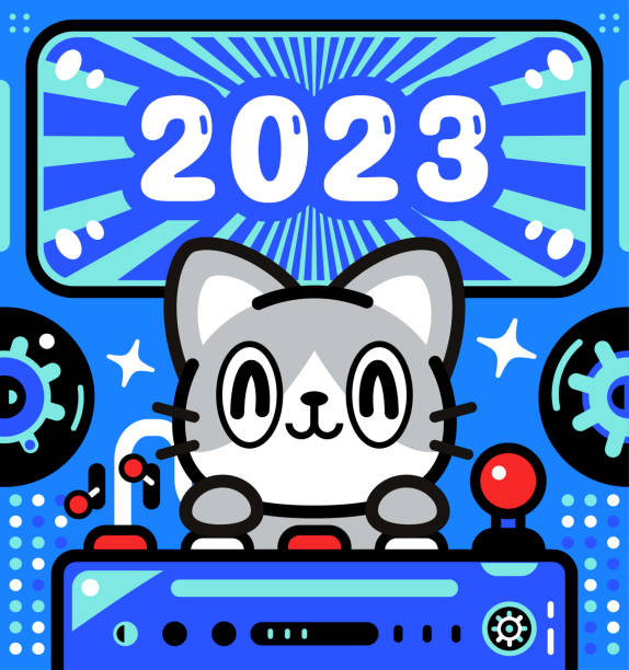 eine niedliche katze steuert ein raumschiff mit unbegrenzter macht und feiert die ankunft von 2023 - driving speed humor video game stock-grafiken, -clipart, -cartoons und -symbole