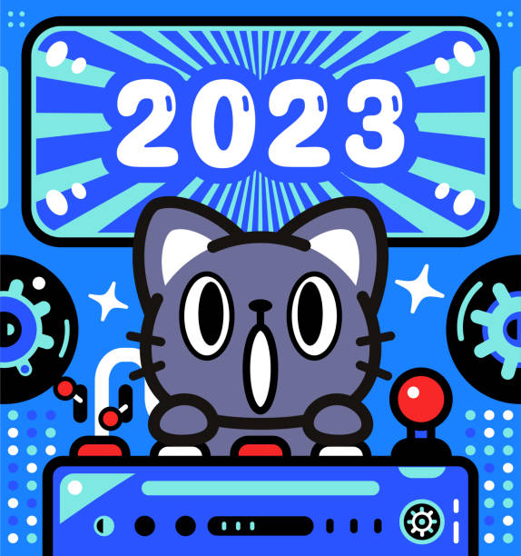 eine niedliche katze steuert ein raumschiff mit unbegrenzter macht und feiert die ankunft von 2023 - driving speed humor video game stock-grafiken, -clipart, -cartoons und -symbole