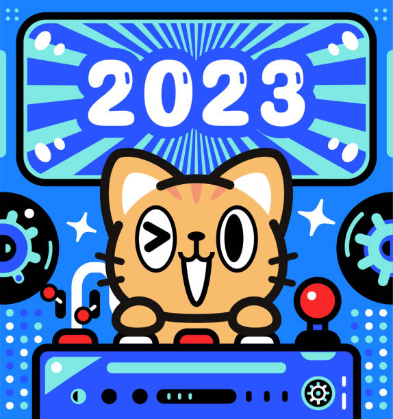 eine niedliche katze steuert ein raumschiff mit unbegrenzter macht und feiert die ankunft von 2023 - driving speed humor video game stock-grafiken, -clipart, -cartoons und -symbole