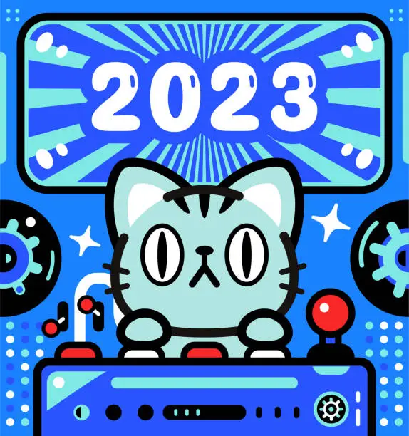 Vector illustration of A cute cat is piloting an Unlimited Power Spaceship and celebrating the arrival of 2023