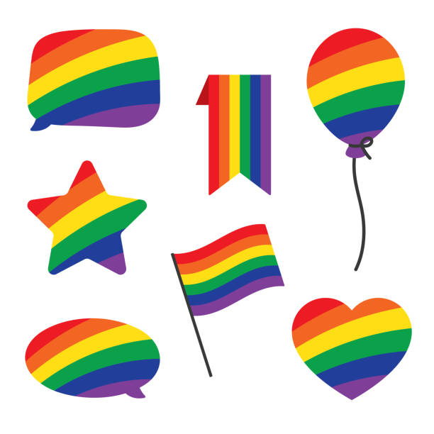 Rainbow colored flag, heart, speech bubble, balloon and star icons. LGBTQI concept. Rainbow colored flag, heart, speech bubble, balloon and star icons. Flat vector illustration LGBTQI concept. pride flag icon stock illustrations